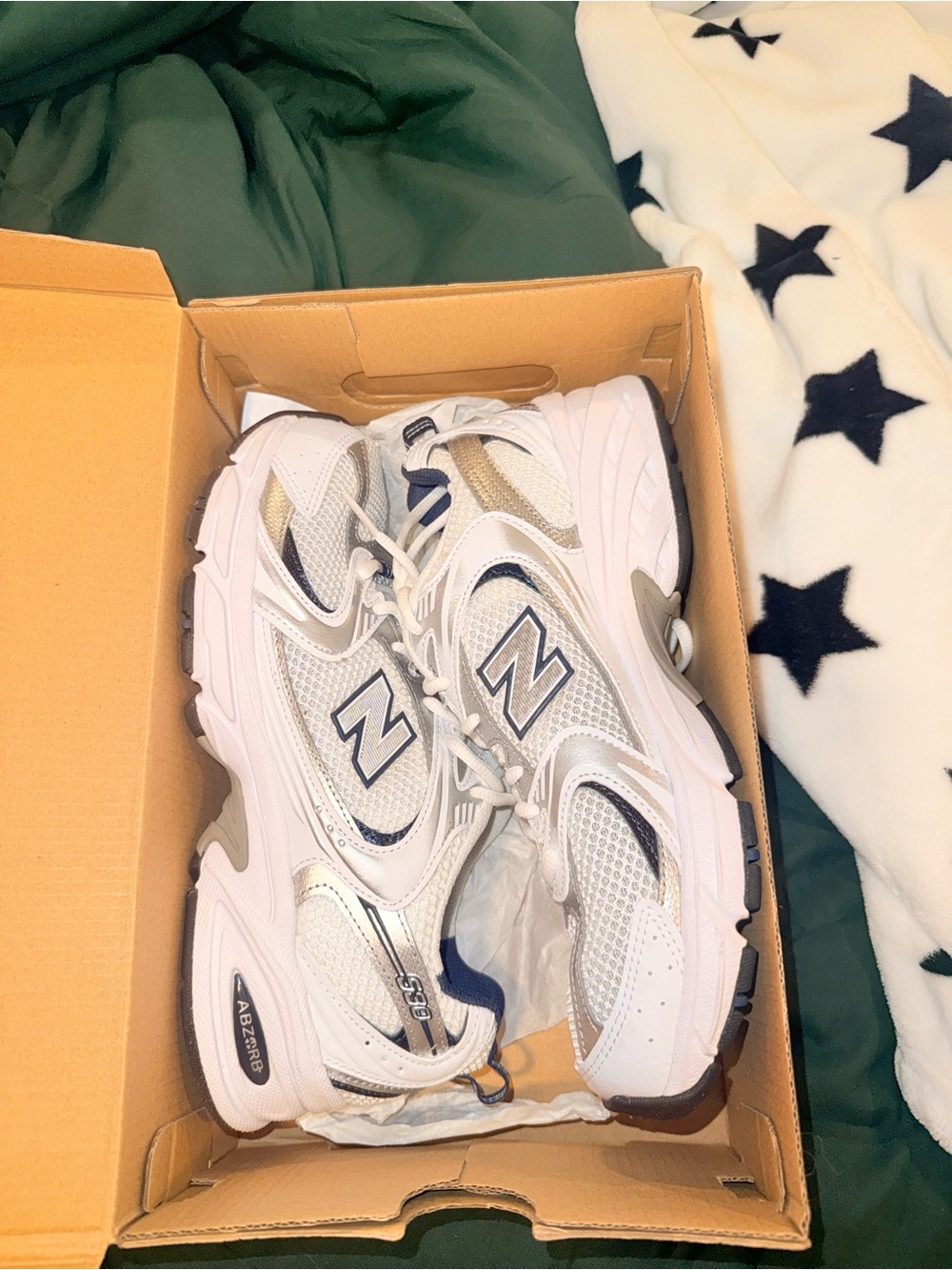 New Balance White, Gray & Navy Athletic Sneakers